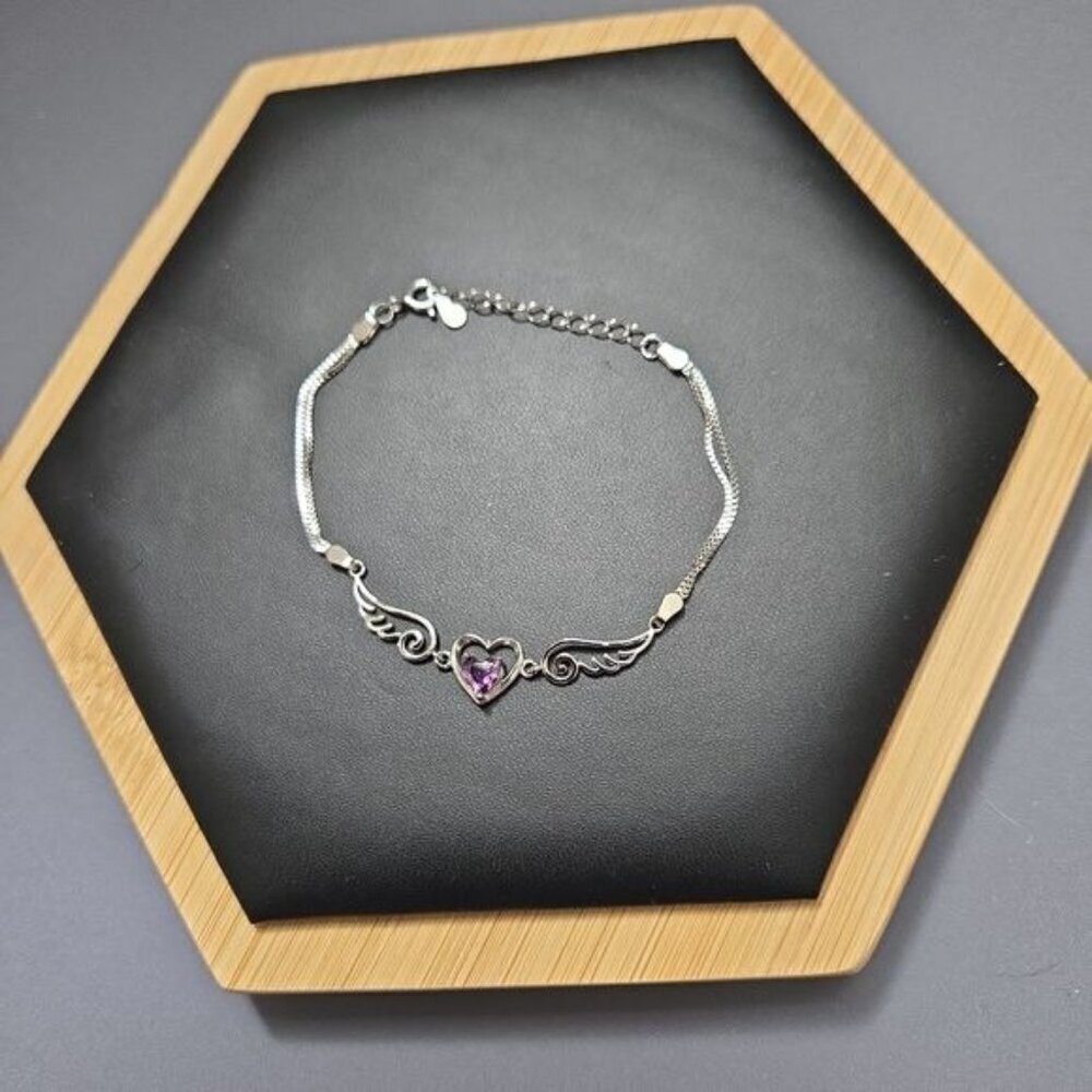 Heart & Wing Sterling Silver Bracelet With Purple CZ (NWOT)
